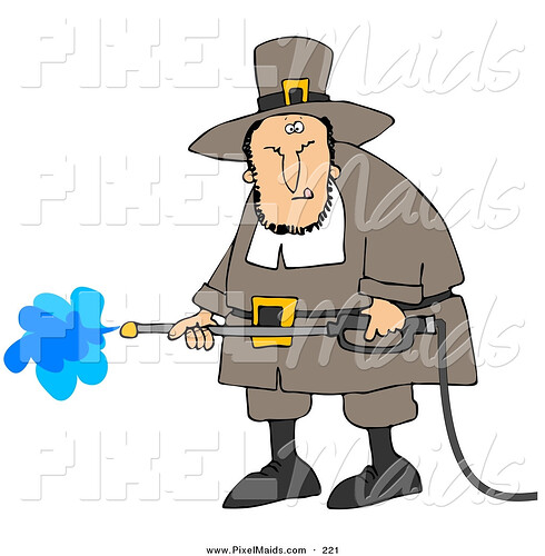 clipart-of-a-grumpy-caucasian-male-pilgrim-in-brown-clothes-and-a-hat-operating-a-pressure-washer-by-djart-221