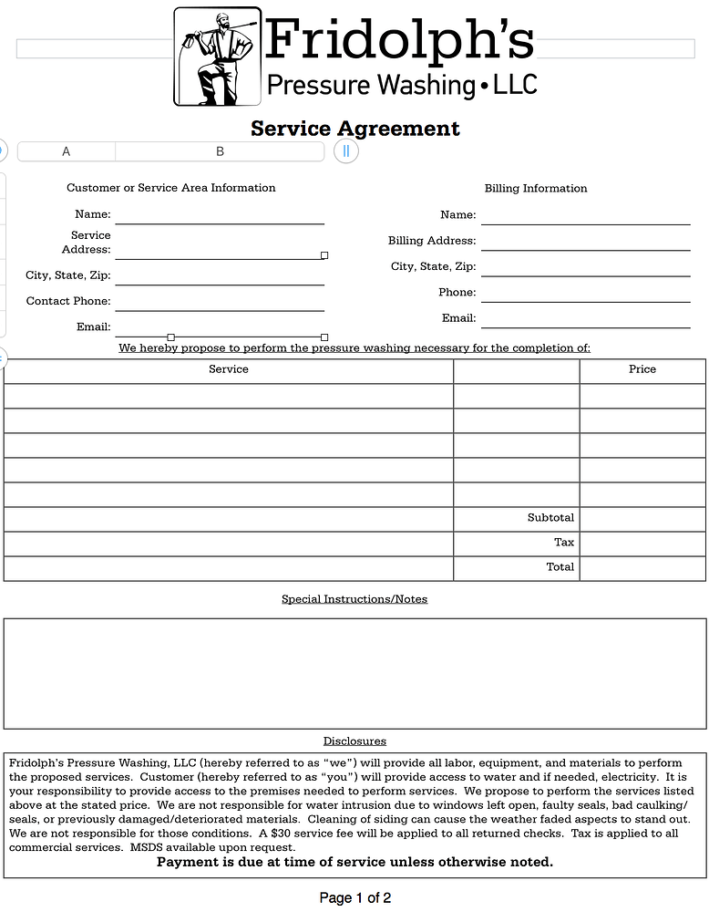 Service agreement Residential Pressure Washing Resource