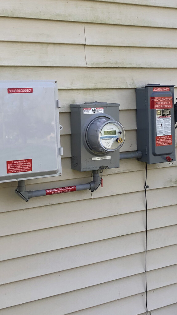 Photovoltaic power source (labeled warnings on house with solar ...